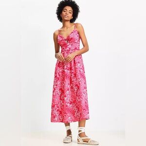Loft NWT Pink Paisley Tie Cotton Poplin Pockets Sun Dress Midi Maxi Size 14